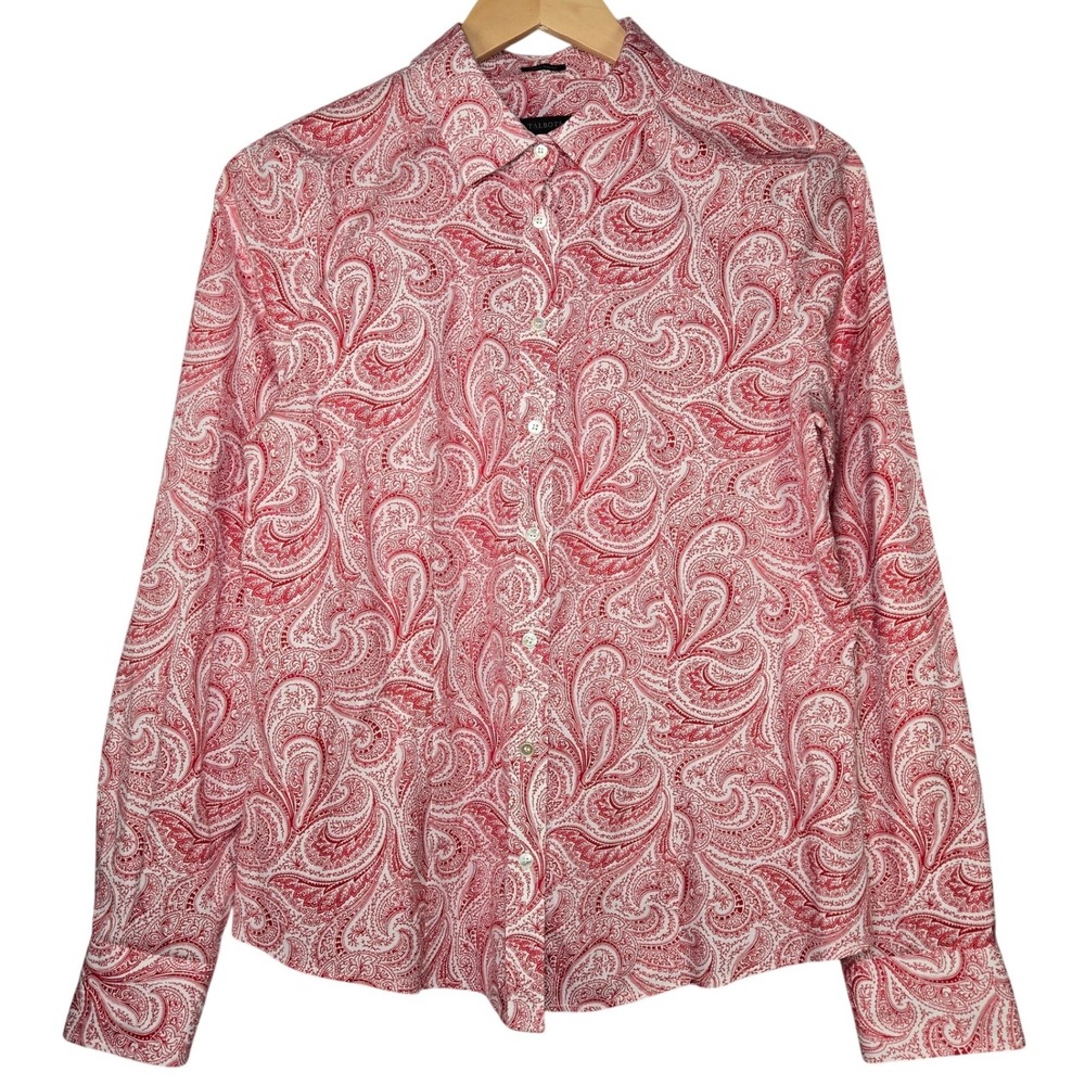 Talbots Womens 10 Red White Paisley Button Down Shirt Wrinkle Resistant Cotton